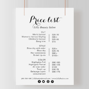 Calligrafie Beauty Salon-prijslijst