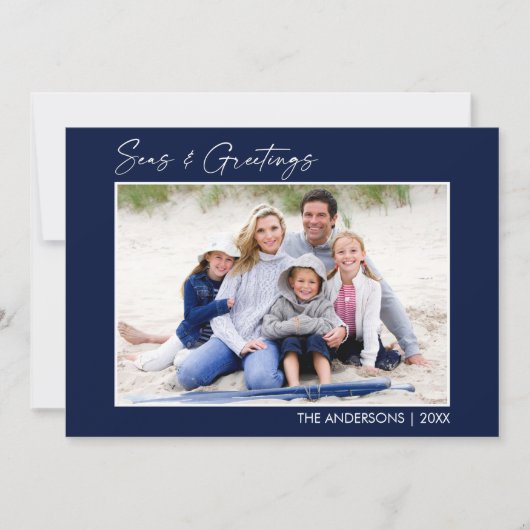 Calligrafie Blauwe Zeeen en groeten Foto Feestdagenkaart (Voorkant)