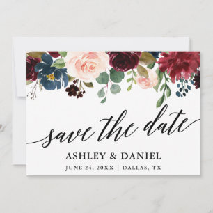 Calligrafie Blue Burgundy Save the Date Kaart