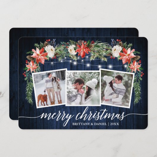 Calligrafie Blue Wood 3 Foto Waterverf Floral Feestdagenkaart (Voorkant / Achterkant)