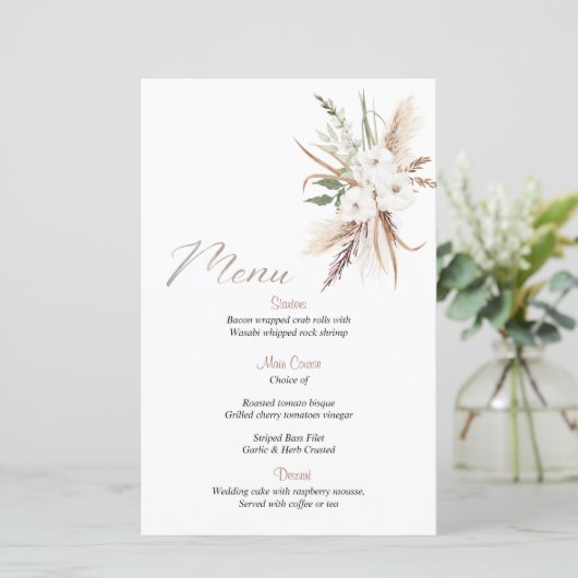 Calligrafie Boho beige flower bruiloft menu (Staand voorkant)