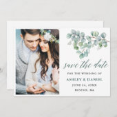 Calligrafie Botanische groene Eucalyptusbladeren Save The Date (Voorkant / Achterkant)