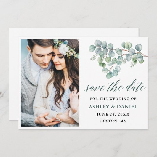 Calligrafie Botanische groene Eucalyptusbladeren Save The Date (Voorkant / Achterkant)