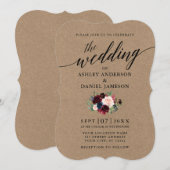 Calligrafie Burgundy Blue Floral Kraft Wedding Kaart (Voorkant / Achterkant)