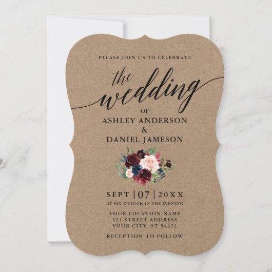 Calligrafie Burgundy Blue Floral Kraft Wedding Kaart (Voorkant)