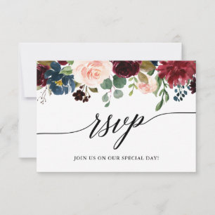 Calligrafie Burgundy Blue Floral Wedding RSVP Meal