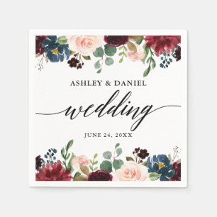 Calligrafie Burgundy Blue Floral Wedding Servet