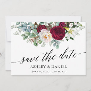 Calligrafie Burgundy Floral Greenery bespaart de d Save The Date