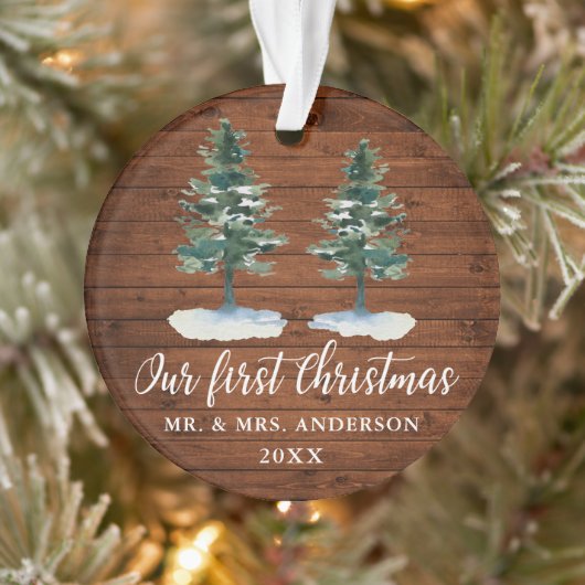 Calligrafie Eerste Kerstmis Rustisch Hout Twee Pij Ornament (Boom)