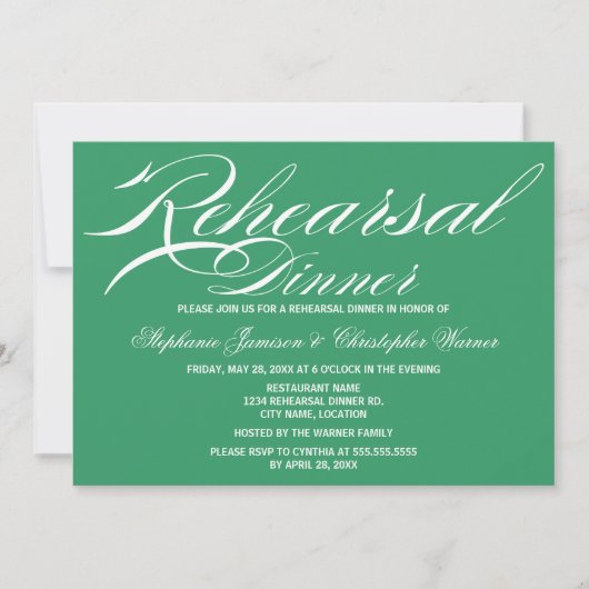 Calligrafie Elegance Green Rehearsal Dinner Kaart (Voorkant)
