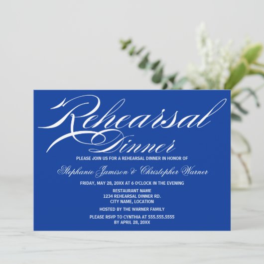 Calligrafie Elegance Royal Blue Rehearsal Dinner Kaart (Staand voorkant)