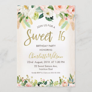 Calligrafie Floral Boho 16th Birthday Invitation Kaart