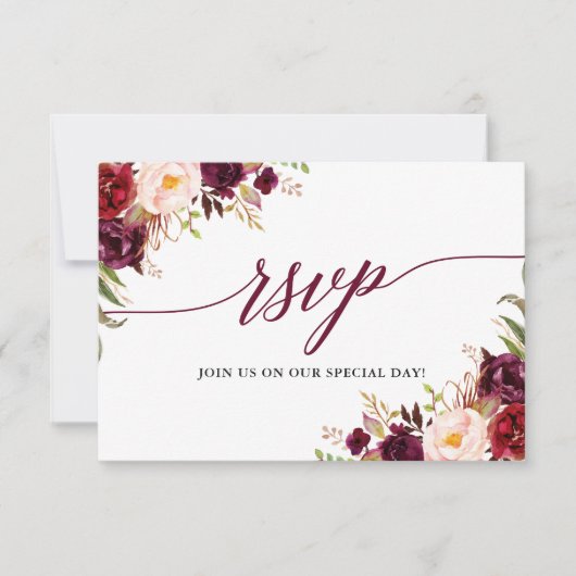 Calligrafie Floral Burgundy Wedding RSVP-maaltijdk RSVP Kaartje (Voorkant)