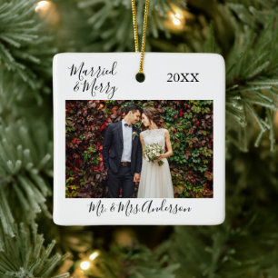 Calligrafie Gehuwd en Merry Photo Wedding Keramisch Ornament