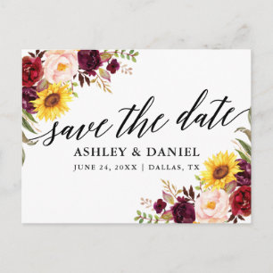 Calligrafie gemengd Bourgogne Floral sparen de dat Briefkaart