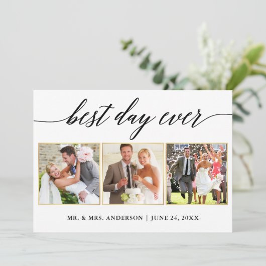Calligrafie Gold Weddenschap 3 Foto Best Day Ever Bedankkaart (Staand voorkant)