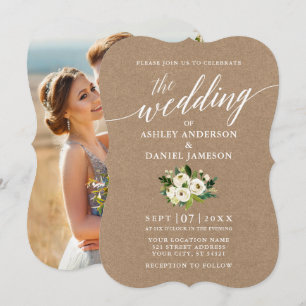 Calligrafie Green Floral Wedding Kraft Foto Kaart