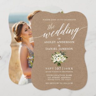 Calligrafie Green Floral Wedding Photo Kraft Kaart