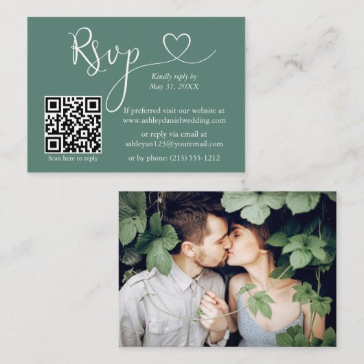 Calligrafie Harde Eucalyptus Groen Bindje QR RSVP Informatiekaartje (Voorkant / Achterkant)