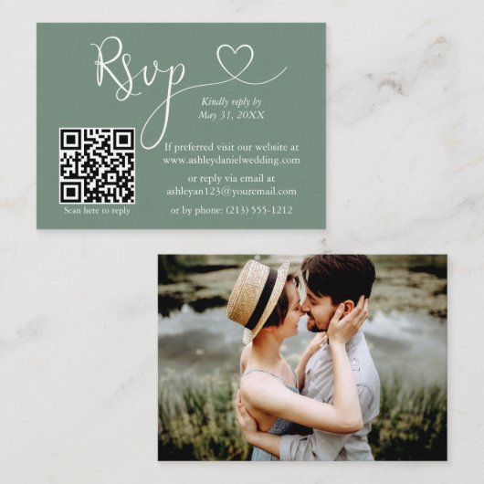 Calligrafie Harde foto Weddenschap Groene QR RSVP Informatiekaartje (Voorkant / Achterkant)