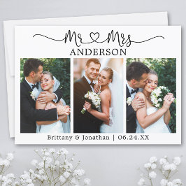 Calligrafie Heart 3 Foto's Mr en Mrs Wedding Bedankkaart