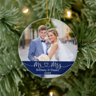 Calligrafie Heart Mr. en Mrs Wedding Photo Blue Keramisch Ornament