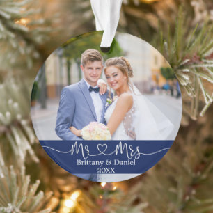 Calligrafie Heart Mr. en Mrs Wedding Photo Blue Ornament