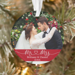 Calligrafie Heart Mr. en Mrs Wedding Photo Red Ornament