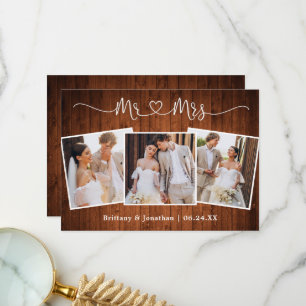 Calligrafie Heart Mr Mrs Wedding 3 Foto Wood Bedankkaart