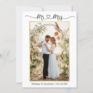 Calligrafie Heart Mr Mrs Wedding Photo Gold Bedankkaart