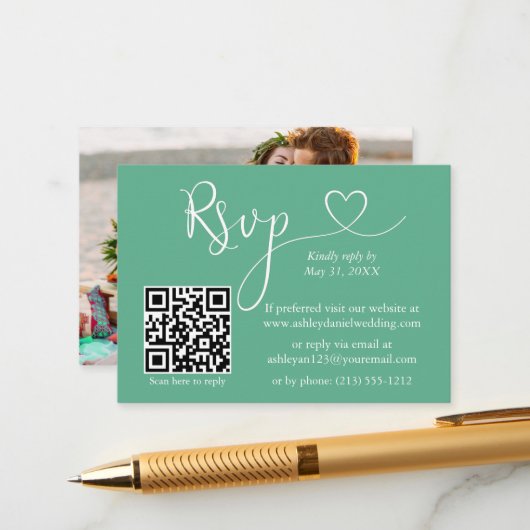 Calligrafie Heart Weddenschap Neo Mint Green QR RS Informatiekaartje (Voorkant / Achterkant in situ)