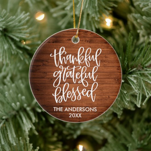 Calligrafie Hout Thankful Grateful Blessed Keramisch Ornament (Boom)