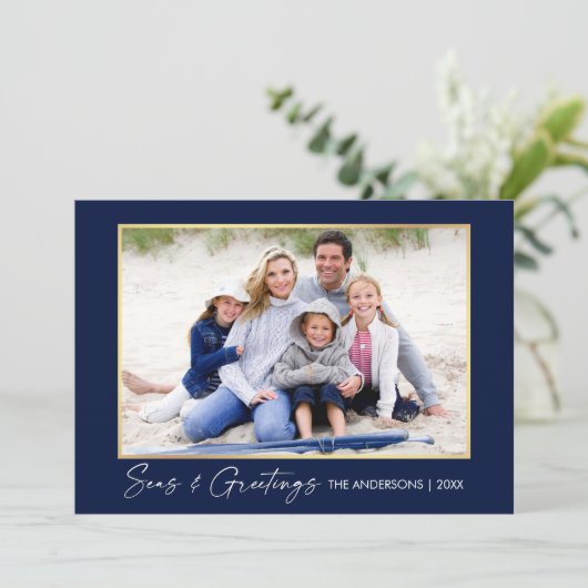 Calligrafie Inkt Zeeen en Goudblauw Feestdagenkaart (Staand voorkant)