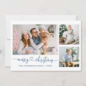 Calligrafie Kerst Script Blue 3 foto Feestdagenkaart (Voorkant)