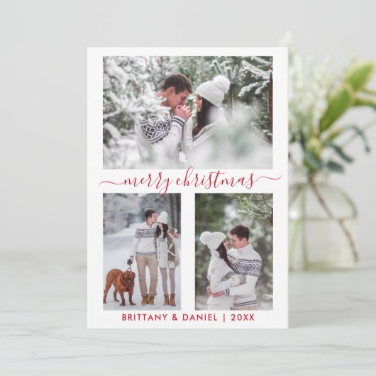 Calligrafie Kerstabel 3 Fotorood Feestdagenkaart (Staand voorkant)