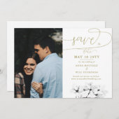 Calligrafie Magnolia Photo Wedding Save the Date Kaart (Voorkant / Achterkant)