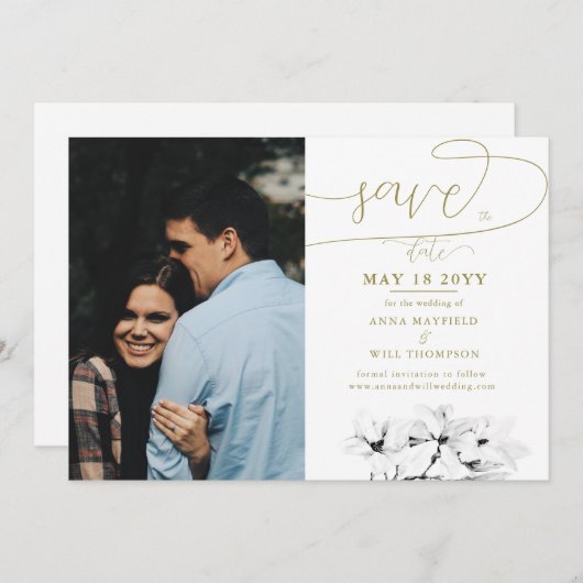 Calligrafie Magnolia Photo Wedding Save the Date Kaart (Voorkant / Achterkant)