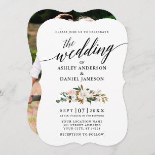 Calligrafie Magnolias Rozen Fotobruiloft Kaart