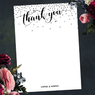 Calligrafie met Harten en Zilveren Confetti Bedankkaart