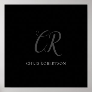 Calligrafie Monogram Naam Zwart Grijs Aangepast ge Poster