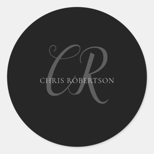 Calligrafie Monogram Naam Zwart Grijs Aangepast ge Ronde Sticker (Voorkant)