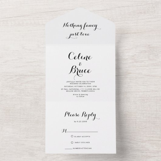 Calligrafie Niets Fancy Liefde Weddenschap All In One Uitnodiging (Binnen)