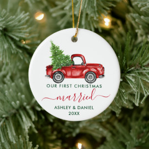 Calligrafie Onze eerste kersthuwelijksreis Red Tru Keramisch Ornament