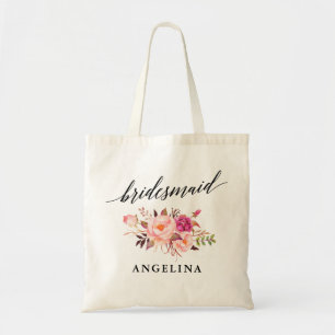 Calligrafie Roze Blush Floral Bridesmaid Naam Tote Bag