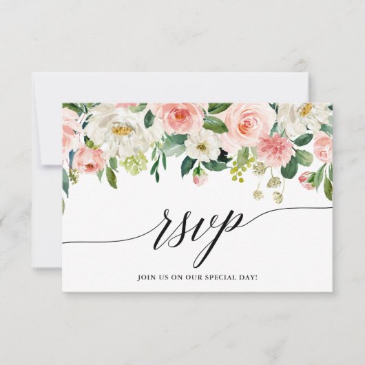Calligrafie Roze witte Floral Wedding RSVP Kaart (Voorkant)