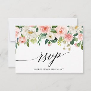 Calligrafie Roze witte Floral Wedding RSVP Kaart