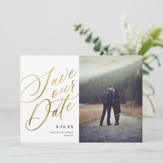 Calligrafie-script | White Gold | Foto Save The Date (Staand voorkant)
