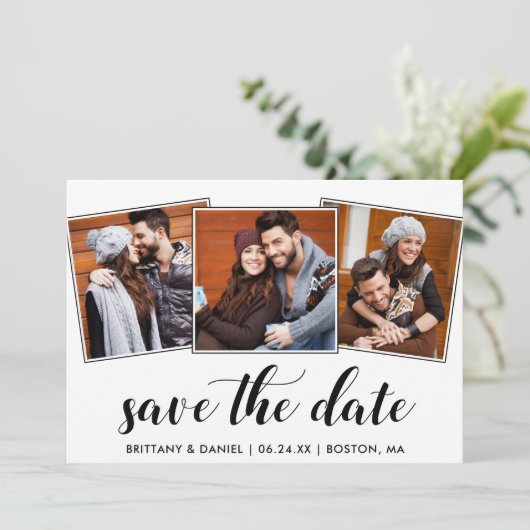 Calligrafie Sparen de Datum Verloving 3 Fotokaart Save The Date (Staand voorkant)