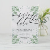 Calligrafie speciale dag van de Eucalyptus Greener Save The Date (Staand voorkant)