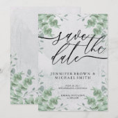 Calligrafie speciale dag van de Eucalyptus Greener Save The Date (Voorkant / Achterkant)